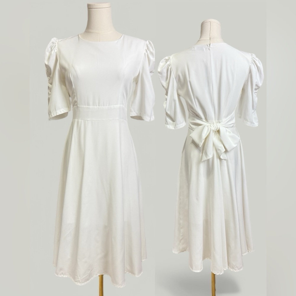 Dress Women Size Medium White Mid Length Puff Sleeves Round Neckline Wedding